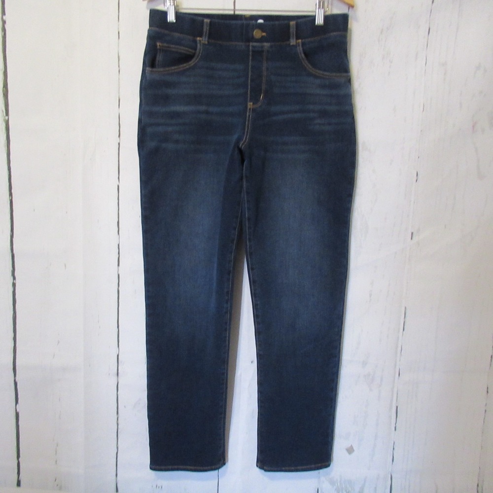 Betabrand Jeans L Blue Pull On High Rise Straight Leg Dark Wash Distressed
